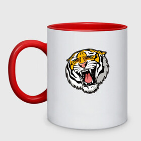 Кружка двухцветная с принтом Tiger в городе Новоалтайск, керамика | объем — 330 мл, диаметр — 80 мм. Цветная ручка и кайма сверху, в некоторых цветах — вся внутренняя часть | Тематика изображения на принте: 2022 | animal | cat | lion | tiger | год тигра | животные | зубы | кот | кошка | лев | охотник | полосатый | природа | тигр | тигренок | тигрица | хищник