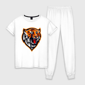Женская пижама хлопок с принтом Tiger Scream в городе Новоалтайск, 100% хлопок | брюки и футболка прямого кроя, без карманов, на брюках мягкая резинка на поясе и по низу штанин | 2022 | animal | cat | lion | tiger | год тигра | животные | зубы | кот | кошка | лев | охотник | полосатый | природа | тигр | тигренок | тигрица | хищник