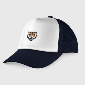 Детская кепка тракер с принтом Tigers Team в городе Новоалтайск, Козырек - 100% хлопок. Кепка - 100% полиэстер, Задняя часть - сетка | универсальный размер, пластиковая застёжка | 2022 | animal | cat | lion | tiger | год тигра | животные | зубы | кот | кошка | лев | охотник | полосатый | природа | тигр | тигренок | тигрица | хищник