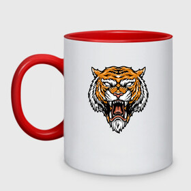 Кружка двухцветная с принтом Boss Tiger в городе Новоалтайск, керамика | объем — 330 мл, диаметр — 80 мм. Цветная ручка и кайма сверху, в некоторых цветах — вся внутренняя часть | 2022 | animal | cat | lion | tiger | год тигра | животные | зубы | кот | кошка | лев | охотник | полосатый | природа | тигр | тигренок | тигрица | хищник