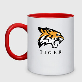 Кружка двухцветная с принтом Тигр - Tiger в городе Новоалтайск, керамика | объем — 330 мл, диаметр — 80 мм. Цветная ручка и кайма сверху, в некоторых цветах — вся внутренняя часть | Тематика изображения на принте: 2022 | animal | cat | lion | tiger | год тигра | животные | зверь | зубы | кот | кошка | лев | охотник | полосатый | природа | тигр | тигренок | тигрица | хищник