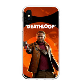 Чехол для iPhone XS Max матовый с принтом Кольт на фоне Джулианны в городе Новоалтайск, Силикон | Область печати: задняя сторона чехла, без боковых панелей | Тематика изображения на принте: bethesda | colt vahn | deathloop | games | gun | julianna 