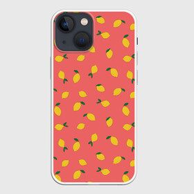 Чехол для iPhone 13 mini с принтом Лимоны на кораловом в городе Новоалтайск,  |  | Тематика изображения на принте: еда | кораловый цвет | лимонный | лимоны | минималистичный | оранжевый | паттерн | упорядоченный паттерн | цитрусовые