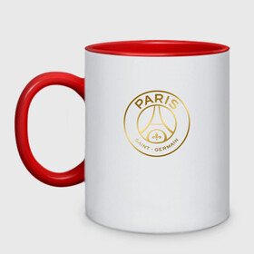 Кружка двухцветная с принтом PSG GOLD LOGO | ПСЖ ЗОЛОТО в городе Новоалтайск, керамика | объем — 330 мл, диаметр — 80 мм. Цветная ручка и кайма сверху, в некоторых цветах — вся внутренняя часть | Тематика изображения на принте: gold | paris saint germain | psg | saint | sport | золото | париж | псг | спорт | футбол