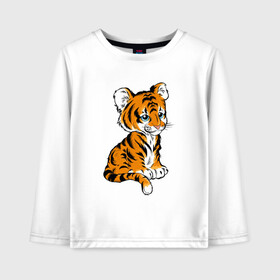 Детский лонгслив хлопок с принтом Little Tiger в городе Новоалтайск, 100% хлопок | круглый вырез горловины, полуприлегающий силуэт, длина до линии бедер | 2022 | animal | cat | lion | tiger | год тигра | животные | зверь | зубы | кот | кошка | лев | охотник | полосатый | природа | тигр | тигренок | тигрица | хищник