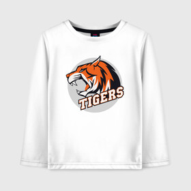 Детский лонгслив хлопок с принтом Sport Tigers в городе Новоалтайск, 100% хлопок | круглый вырез горловины, полуприлегающий силуэт, длина до линии бедер | 2022 | animal | cat | lion | sport | tiger | год тигра | животные | зверь | зубы | кот | кошка | лев | охотник | полосатый | природа | спорт | тигр | тигренок | тигрица | хищник