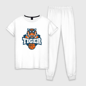 Женская пижама хлопок с принтом Tiger Basketball в городе Новоалтайск, 100% хлопок | брюки и футболка прямого кроя, без карманов, на брюках мягкая резинка на поясе и по низу штанин | 2022 | animal | basketball | cat | lion | nba | tiger | баскетбол | год тигра | животные | зверь | зубы | кот | кошка | лев | нба | охотник | полосатый | природа | спорт | тигр | тигренок | тигрица | хищник