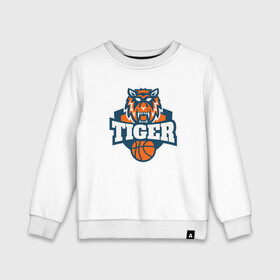 Детский свитшот хлопок с принтом Tiger Basketball в городе Новоалтайск, 100% хлопок | круглый вырез горловины, эластичные манжеты, пояс и воротник | Тематика изображения на принте: 2022 | animal | basketball | cat | lion | nba | tiger | баскетбол | год тигра | животные | зверь | зубы | кот | кошка | лев | нба | охотник | полосатый | природа | спорт | тигр | тигренок | тигрица | хищник