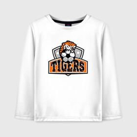 Детский лонгслив хлопок с принтом Football Tigers в городе Новоалтайск, 100% хлопок | круглый вырез горловины, полуприлегающий силуэт, длина до линии бедер | 2022 | animal | cat | football | lion | sport | tiger | год тигра | животные | зверь | зубы | кот | кошка | лев | охотник | полосатый | природа | спорт | тигр | тигренок | тигрица | футбол | хищник