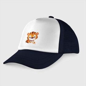 Детская кепка тракер с принтом Little Tiger в городе Новоалтайск, Козырек - 100% хлопок. Кепка - 100% полиэстер, Задняя часть - сетка | универсальный размер, пластиковая застёжка | 2022 | animal | cat | lion | tiger | год тигра | животные | зверь | зубы | кот | кошка | лев | охотник | полосатый | природа | тигр | тигренок | тигрица | хищник