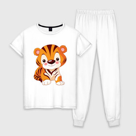 Женская пижама хлопок с принтом Little Tiger в городе Новоалтайск, 100% хлопок | брюки и футболка прямого кроя, без карманов, на брюках мягкая резинка на поясе и по низу штанин | 2022 | animal | cat | lion | tiger | год тигра | животные | зверь | зубы | кот | кошка | лев | охотник | полосатый | природа | тигр | тигренок | тигрица | хищник