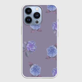 Чехол для iPhone 13 Pro с принтом Голубые камелии на сером в городе Новоалтайск,  |  | Тематика изображения на принте: 8 марта | flowers | march 8 | spring | ботаническая иллюстрация | весна | день рождения | зеленый | камелии | лето | листья | любовь | праздник | принт | природа | растения | серый | цветы