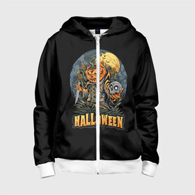 Детская толстовка 3D на молнии с принтом HALLOWEEN в городе Новоалтайск, 100% полиэстер |  манжеты и пояс оформлены широкой мягкой резинкой, двухслойный капюшон со шнурком для регулировки, спереди карманы и застежка-молния
 | halloween | holiday | pumpkin | samayn | vampire | zombie | вампир | ведьма | вечеринка | день всех святых | зомби | карнавал | маскарад | мертвец | оборотень | привидение | самайн | светильник джека | страшный джек | труп