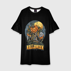 Детское платье 3D с принтом HALLOWEEN в городе Новоалтайск, 100% полиэстер | прямой силуэт, чуть расширенный к низу. Круглая горловина, на рукавах — воланы | Тематика изображения на принте: halloween | holiday | pumpkin | samayn | vampire | zombie | вампир | ведьма | вечеринка | день всех святых | зомби | карнавал | маскарад | мертвец | оборотень | привидение | самайн | светильник джека | страшный джек | труп