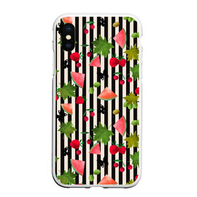 Чехол для iPhone XS Max матовый с принтом Ягодно-арбузный микс  в городе Новоалтайск, Силикон | Область печати: задняя сторона чехла, без боковых панелей | акварель | арбузы | бабочки | вишня | клубника | полосатый | фрукты | черно белые полосы | черные полосы | ягоды