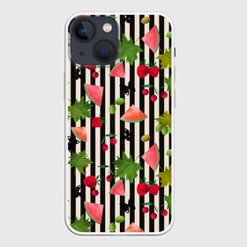 Чехол для iPhone 13 mini с принтом Ягодно арбузный микс в городе Новоалтайск,  |  | акварель | арбузы | бабочки | вишня | клубника | полосатый | фрукты | черно белые полосы | черные полосы | ягоды