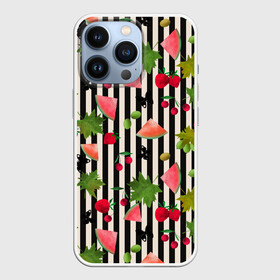 Чехол для iPhone 13 Pro с принтом Ягодно арбузный микс в городе Новоалтайск,  |  | Тематика изображения на принте: акварель | арбузы | бабочки | вишня | клубника | полосатый | фрукты | черно белые полосы | черные полосы | ягоды
