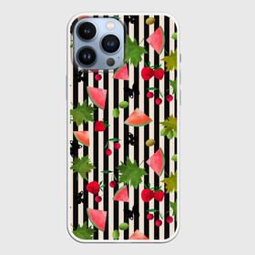 Чехол для iPhone 13 Pro Max с принтом Ягодно арбузный микс в городе Новоалтайск,  |  | Тематика изображения на принте: акварель | арбузы | бабочки | вишня | клубника | полосатый | фрукты | черно белые полосы | черные полосы | ягоды
