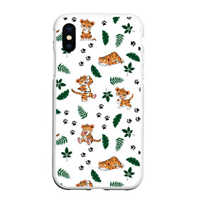 Чехол для iPhone XS Max матовый с принтом Милый тигр в городе Новоалтайск, Силикон | Область печати: задняя сторона чехла, без боковых панелей | Тематика изображения на принте: 2022 | год тигра | листья | милый тигр | новый год | паттерн | принт | саванна | следы | тигренок | фон | хищник