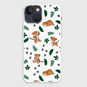 Чехол для iPhone 13 mini с принтом Милый тигр в городе Новоалтайск,  |  | Тематика изображения на принте: 2022 | год тигра | листья | милый тигр | новый год | паттерн | принт | саванна | следы | тигренок | фон | хищник
