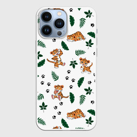 Чехол для iPhone 13 Pro Max с принтом Милый тигр в городе Новоалтайск,  |  | Тематика изображения на принте: 2022 | год тигра | листья | милый тигр | новый год | паттерн | принт | саванна | следы | тигренок | фон | хищник