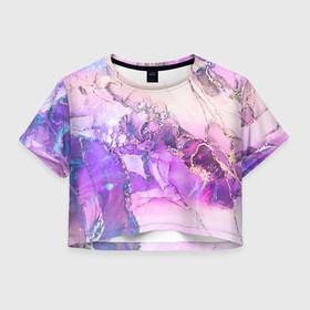 Женская футболка Crop-top 3D с принтом Абстракция с Золотом в городе Новоалтайск, 100% полиэстер | круглая горловина, длина футболки до линии талии, рукава с отворотами | акварель | золото | золотой | камень | красивый | краски | мрамор | разводы | текстура | узор | фиолетовый | яркий