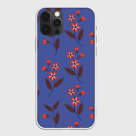 Чехол для iPhone 12 Pro Max с принтом Цветы на синем фоне в городе Новоалтайск, Силикон |  | 8 марта | flowers | summer | ботаническая иллюстрация | весна | коричневый | красный | лето | листья | любовь | праздник | принт | природа | растения | синий | цветы