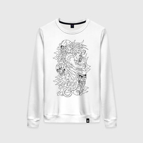 Женский свитшот хлопок с принтом Tiger & Skulls tattoo в городе Новоалтайск, 100% хлопок | прямой крой, круглый вырез, на манжетах и по низу широкая трикотажная резинка  | graphics | hype | jungle | skull | tattoo | tiger | графика | татуировка | тигр | хайп | череп