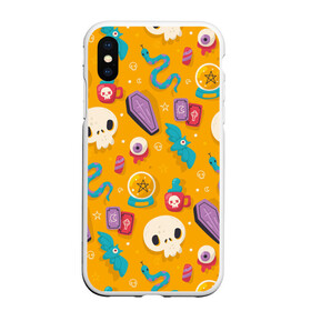 Чехол для iPhone XS Max матовый с принтом Весенний Хэллоуин в городе Новоалтайск, Силикон | Область печати: задняя сторона чехла, без боковых панелей | background | гроб | змея | иллюстрация | карты | кружка | череп