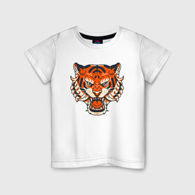 Детская футболка хлопок с принтом Super Tiger в городе Новоалтайск, 100% хлопок | круглый вырез горловины, полуприлегающий силуэт, длина до линии бедер | 2022 | animal | cat | lion | tiger | год тигра | животные | зверь | зубы | кот | кошка | лев | охотник | полосатый | природа | тигр | тигренок | тигрица | хищник