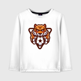 Детский лонгслив хлопок с принтом Football Tiger в городе Новоалтайск, 100% хлопок | круглый вырез горловины, полуприлегающий силуэт, длина до линии бедер | 2022 | animal | cat | football | lion | sport | tiger | год тигра | животные | зверь | зубы | кот | кошка | лев | мяч | охотник | полосатый | природа | спорт | тигр | тигренок | тигрица | футбол | хищник
