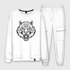 Мужской костюм хлопок с принтом White Tiger в городе Новоалтайск, 100% хлопок | на свитшоте круглая горловина, мягкая резинка по низу. Брюки заужены к низу, на них два вида карманов: два “обычных” по бокам и два объемных, с клапанами, расположенные ниже линии бедра. Брюки с мягкой трикотажной резинкой на поясе и по низу штанин. В поясе для дополнительного комфорта — широкие завязки | Тематика изображения на принте: 2022 | animal | cat | lion | tiger | год тигра | животные | зверь | зубы | кот | кошка | лев | охотник | полосатый | природа | тигр | тигренок | тигрица | хищник
