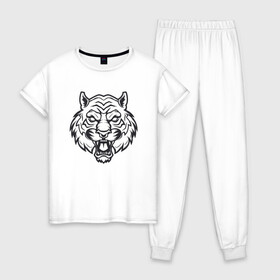 Женская пижама хлопок с принтом White Tiger в городе Новоалтайск, 100% хлопок | брюки и футболка прямого кроя, без карманов, на брюках мягкая резинка на поясе и по низу штанин | 2022 | animal | cat | lion | tiger | год тигра | животные | зверь | зубы | кот | кошка | лев | охотник | полосатый | природа | тигр | тигренок | тигрица | хищник