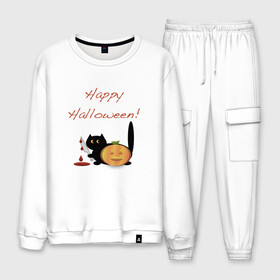 Мужской костюм хлопок с принтом Happy Halloween! в городе Новоалтайск, 100% хлопок | на свитшоте круглая горловина, мягкая резинка по низу. Брюки заужены к низу, на них два вида карманов: два “обычных” по бокам и два объемных, с клапанами, расположенные ниже линии бедра. Брюки с мягкой трикотажной резинкой на поясе и по низу штанин. В поясе для дополнительного комфорта — широкие завязки | halloween | hallowin | hellowin | котик | страшилка | тыква | хэллоувин