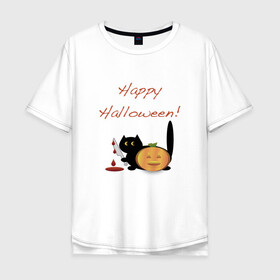 Мужская футболка хлопок Oversize с принтом Happy Halloween! в городе Новоалтайск, 100% хлопок | свободный крой, круглый ворот, “спинка” длиннее передней части | halloween | hallowin | hellowin | котик | страшилка | тыква | хэллоувин