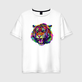 Женская футболка хлопок Oversize с принтом Color Tiger в городе Новоалтайск, 100% хлопок | свободный крой, круглый ворот, спущенный рукав, длина до линии бедер
 | 2022 | animal | cat | lion | tiger | год тигра | животные | зверь | зубы | кот | кошка | лев | охотник | полосатый | природа | тигр | тигренок | тигрица | хищник