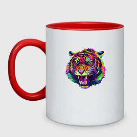 Кружка двухцветная с принтом Color Tiger в городе Новоалтайск, керамика | объем — 330 мл, диаметр — 80 мм. Цветная ручка и кайма сверху, в некоторых цветах — вся внутренняя часть | Тематика изображения на принте: 2022 | animal | cat | lion | tiger | год тигра | животные | зверь | зубы | кот | кошка | лев | охотник | полосатый | природа | тигр | тигренок | тигрица | хищник
