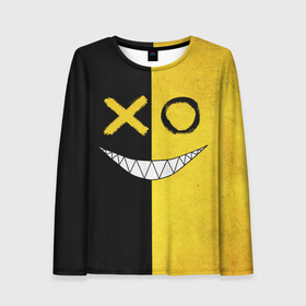 Женский лонгслив 3D с принтом Yellow and black smile в городе Новоалтайск, 100% полиэстер | длинные рукава, круглый вырез горловины, полуприлегающий силуэт | emoji | smile | глаза крестики | злой смайл | злой смайлик | зубы | контраст | крестики | подарок | пятна | смайл | смайлик | улыбка | эмоджи | эмоция