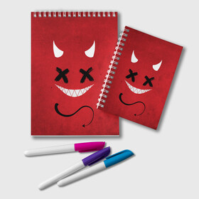 Блокнот с принтом Red Evil Smile в городе Новоалтайск, 100% бумага | 48 листов, плотность листов — 60 г/м2, плотность картонной обложки — 250 г/м2. Листы скреплены удобной пружинной спиралью. Цвет линий — светло-серый
 | Тематика изображения на принте: emoji | smile | глаза крестики | злой смайл | злой смайлик | зубы | контраст | крестики | подарок | пятна | смайл | смайлик | улыбка | эмоджи | эмоция