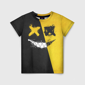 Детская футболка 3D с принтом Yellow and Black Emoji в городе Новоалтайск, 100% гипоаллергенный полиэфир | прямой крой, круглый вырез горловины, длина до линии бедер, чуть спущенное плечо, ткань немного тянется | Тематика изображения на принте: emoji | smile | глаза крестики | злой смайл | злой смайлик | зубы | контраст | крестики | подарок | пятна | смайл | смайлик | улыбка | эмоджи | эмоция
