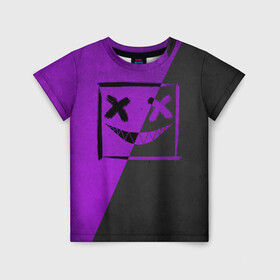 Детская футболка 3D с принтом Purple Smile в городе Новоалтайск, 100% гипоаллергенный полиэфир | прямой крой, круглый вырез горловины, длина до линии бедер, чуть спущенное плечо, ткань немного тянется | emoji | smile | глаза крестики | злой смайл | злой смайлик | зубы | контраст | крестики | подарок | пятна | смайл | смайлик | улыбка | эмоджи | эмоция