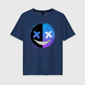 Женская футболка хлопок Oversize с принтом Two-faced smile в городе Новоалтайск, 100% хлопок | свободный крой, круглый ворот, спущенный рукав, длина до линии бедер
 | emoji | smile | глаза крестики | злой смайл | злой смайлик | зубы | контраст | крестики | подарок | пятна | смайл | смайлик | улыбка | эмоджи | эмоция
