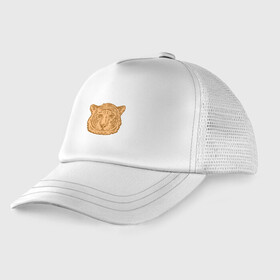Детская кепка тракер с принтом Coffee Tiger в городе Новоалтайск, Козырек - 100% хлопок. Кепка - 100% полиэстер, Задняя часть - сетка | универсальный размер, пластиковая застёжка | 2022 | animal | cat | lion | tiger | год тигра | животные | зверь | зубы | кот | кошка | лев | охотник | полосатый | природа | тигр | тигренок | тигрица | хищник