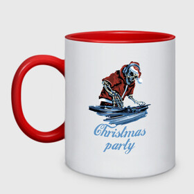 Кружка двухцветная с принтом Christmas party, cool DJ в городе Новоалтайск, керамика | объем — 330 мл, диаметр — 80 мм. Цветная ручка и кайма сверху, в некоторых цветах — вся внутренняя часть | Тематика изображения на принте: disco | dj | holiday | hype | merry christmas | new year | party | skeleton | skull | вечеринка | дискотека | новый год | праздник | рождество | скелет | хайп | череп