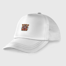 Детская кепка тракер с принтом Tiger Roses в городе Новоалтайск, Козырек - 100% хлопок. Кепка - 100% полиэстер, Задняя часть - сетка | универсальный размер, пластиковая застёжка | 2022 | animal | cat | lion | tiger | год тигра | животные | зверь | зубы | кот | кошка | лев | охотник | полосатый | природа | тигр | тигренок | тигрица | хищник