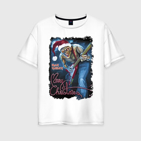 Женская футболка хлопок Oversize с принтом Iron Maiden, Merry Christmas в городе Новоалтайск, 100% хлопок | свободный крой, круглый ворот, спущенный рукав, длина до линии бедер
 | dude | guitar | guy | heavy metal | holiday | iron maiden | jaw | merry christmas | music | muzzle | new year | гитара | музыка | новый год | пасть | праздник | рождество | рок | чувак