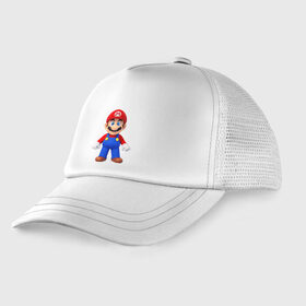 Детская кепка тракер с принтом Mario в городе Новоалтайск, Козырек - 100% хлопок. Кепка - 100% полиэстер, Задняя часть - сетка | универсальный размер, пластиковая застёжка | mario | nintendo | switch | марио | нинтендо | свитч