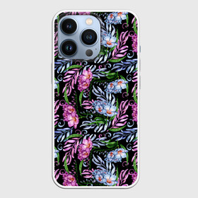 Чехол для iPhone 13 Pro с принтом Чудесные фрезии на черном в городе Новоалтайск,  |  | Тематика изображения на принте: акварель | акварельный | вечерний | листва | листочки | листья | праздничный | темный | фрезии | фрезия | цветочки | цветочный | цветы | черный | чудесный