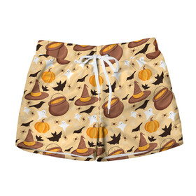 Женские шорты 3D с принтом Хеллоуин у ведьмы в городе Новоалтайск, 100% полиэстер | прямой крой, два кармана без застежек по бокам. Мягкая трикотажная резинка на поясе, внутри которой широкие завязки. Длина до середины бедра | ведьма | котел | праздники | привидение | хеллоуин