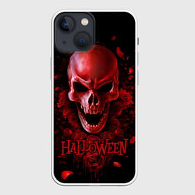 Чехол для iPhone 13 mini с принтом Красный череп в кровавых розах в городе Новоалтайск,  |  | bloody | drops | fangs | happy halloween | look from hell | red | roses | skull | vampire | вампир | взгляд из ада | капли | клыки | красный | кровавые | праздник | розы | хэллоуин | череп